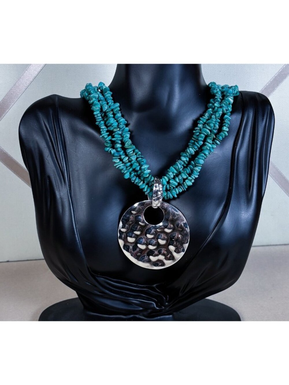 Vintage 4 Strand Turquoise Necklace Hammered Sterling Pendant Singed  A114